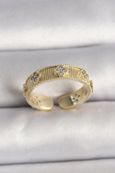 Carmella Brass Gold Color Zircon Stone Clover Embroidered Adjustable Ring Rsr...