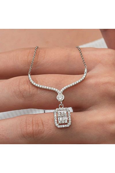 Skygo Silver Baguette Stone Choker Model Women's Necklace
