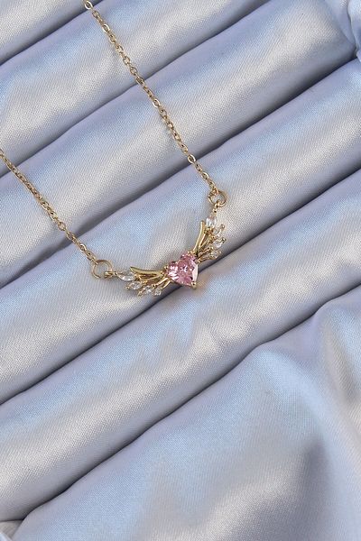 Skygo 316L Steel Chain Gold Color Winged Pink Zircon Stone Heart Necklace - Tj-Bko9121