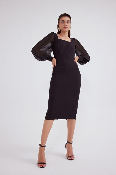 Sateen Rochie din crepon cu maneca sifon - neagra