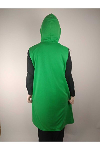 YAŞAR TRİKO Women's Pistachio Green Hooded Button Pocket Sleeveless Two Thread Long Vest