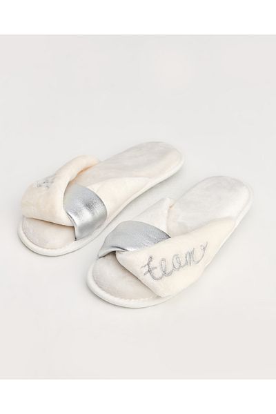 Chirpy Bride Team - White Women's Slippers with Writing