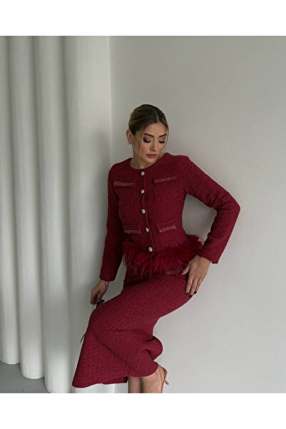 1Moda1Tarz Kadın İthal Tüvit Kumaş İncili Cep Detay Otrişli Astarlı Özel Tasarım Elbise Hırka Takım