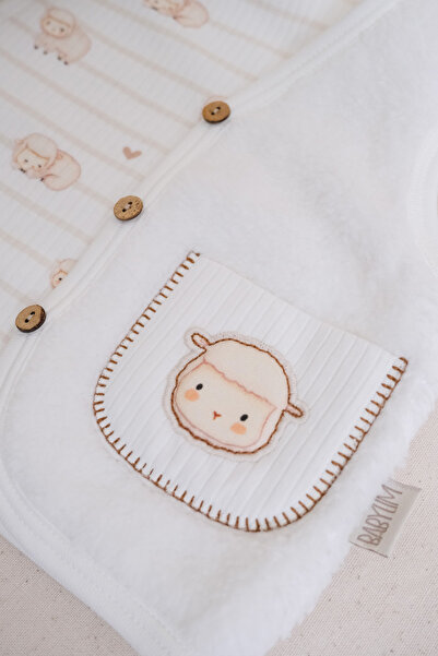BABYLİM Unisex Baby Vest - Lamb Pocket, Embroidered Lined, Coconut Button