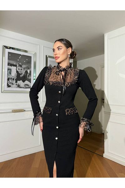 1Moda1Tarz Γυναικεία εισαγόμενη υφασμάτινη κορδέλα Λεπτομέρεια με μοτίβο λεοπάρ Λεπτομέρεια με κουμπιά με επένδυση Φόρεμα ειδικής σχεδίασης