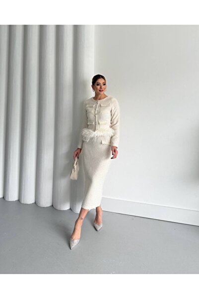 1Moda1Tarz Women's Imported Tweed Fabric Pearl Pocket Detail Otrish Lined Special Design Dress Cardigan Set