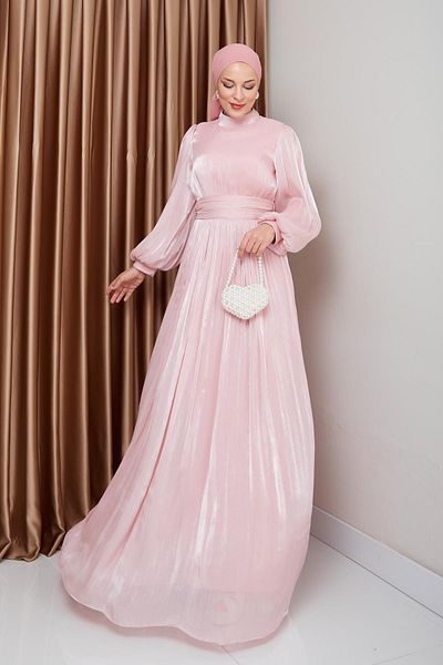 Olcay Detailliertes Yoryo-Abendkleid aus Seide mit Hijab und Gürtel an der Taille PUDRA 1225