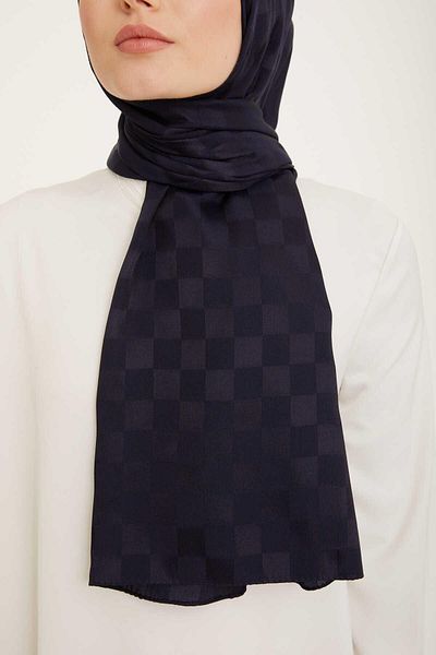 Armine Trend Jacquard Navy Blue Checkers Pattern Diamond Shawl 2-1393