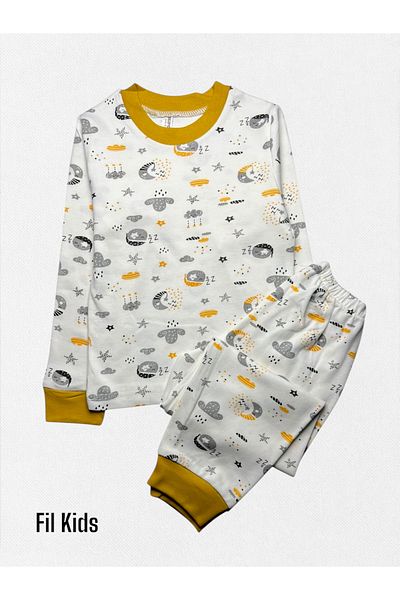 Fil Kids Boy's 100% Cotton White Mustard Color Moon Star Night Themed Long Sleeve Sleep Pajamas Set