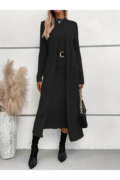 Moka Shopin Mokashopin Women - Long Sleeve Semi Turtleneck Diving Dress and Long Cardigan Set