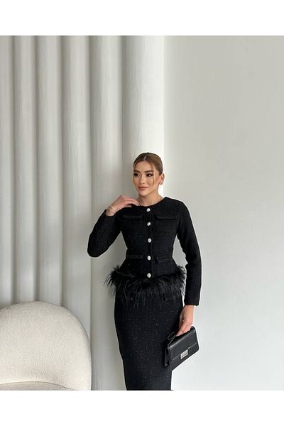 1Moda1Tarz Women's Imported Tweed Fabric Pearl Pocket Detail Otrish Lined Special Design Dress Cardigan Set