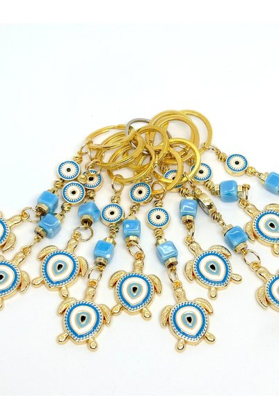 Azrua Blue Turtle Stone Metal Keychain, Metal Evil Eye Beaded Keychain, Turtle Keychain