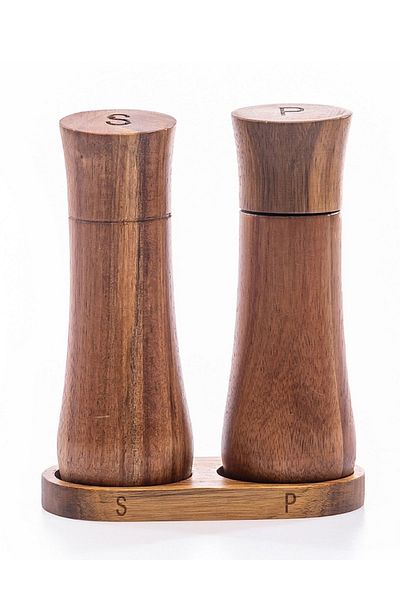 Meturas Natural Acacia Wood Salt and Pepper Shaker Set - Including Ergonomic Design and Stand (15 cm)