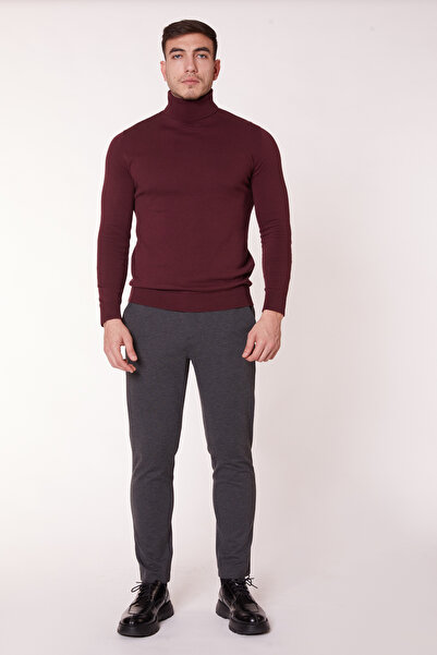 BRACCAS Erkek Beli Yarım Lastikli Arka Cep Fermuarlı Slim Fit Pantolon Antrasit