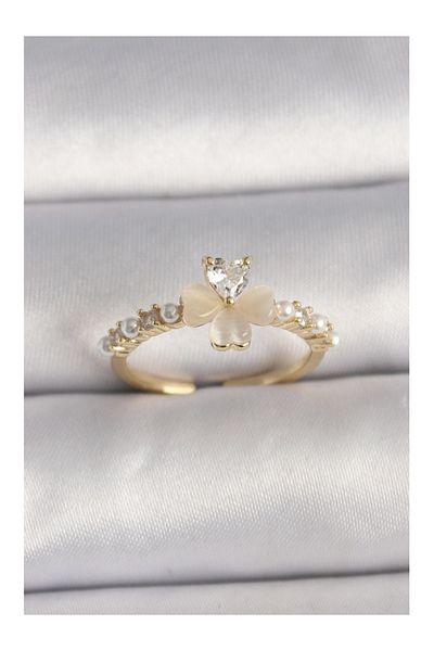 Clariss Brass Silver Color Zircon Stone White Enamel Clover Model Pearl Detail Adjustable Ring