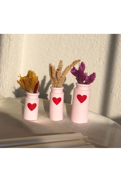 Hommark Pembe Kalpli 3’lü minimal vazo seti,10-8-6 cm üçlü şamdan set,kalpli ...