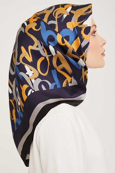 Armine Dark Navy Blue Letter Patterned Tivil Silk Scarf 9006-57