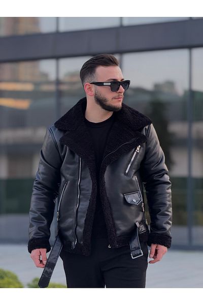 KINGAF Men's Leather Fur Inside Coat