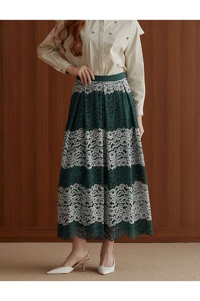 Kayra Petrol Color Floral Patterned Lace A-Line Skirt