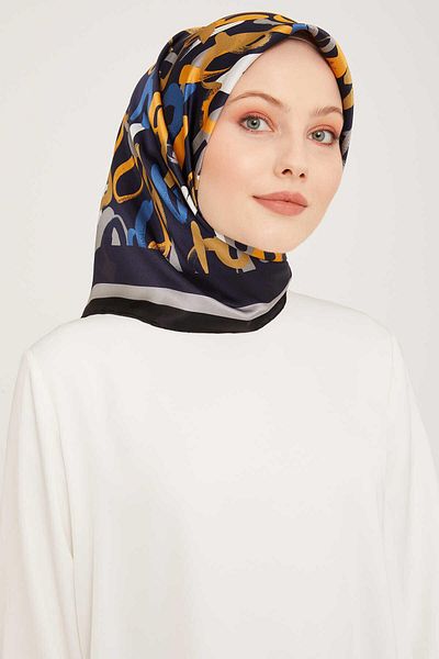 Armine Dark Navy Blue Letter Patterned Tivil Silk Scarf 9006-57