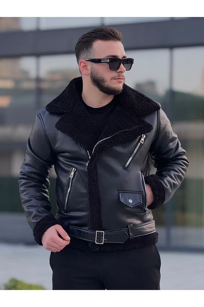 KINGAF Men's Leather Fur Inside Coat