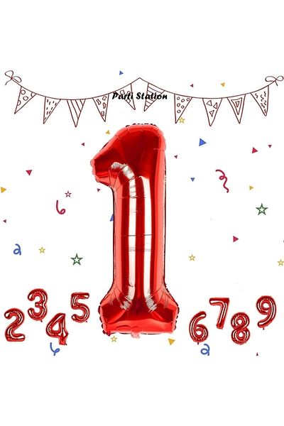 Parti Station بالون فويل أحمر للأرقام - عمر سنة واحدة، 76 سم، بالون هيليوم