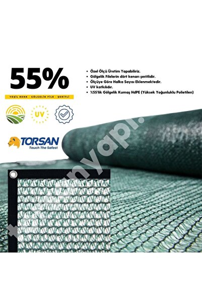 TORSAN Balkon Gölgeliği – Yüzde 55lik – Yeşil – Şeritli Halkalı - 1.5 Metre x 4 Metre