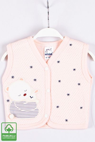 Miniel Baby Girl with Teddy Bear Embroidered Organic Cotton 1-3-6-9 Months Quilted Baby Vest - Salmon