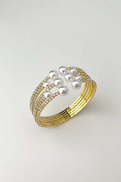 Modex Zircon Stone Pearl Detailed Handcuff Bracelet - 22cm