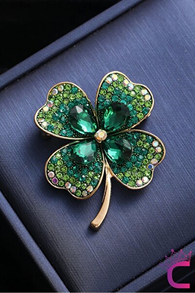 Cinderella Zarif Çiçekli Kristal Taşlı Yeşil Yonca Tasarım Kadın Broş - Hediy...