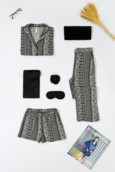 FOR YOU MODA 7-Piece Viscose Asymmetrical Pattern Black Pajama Set Both Inside and Outside