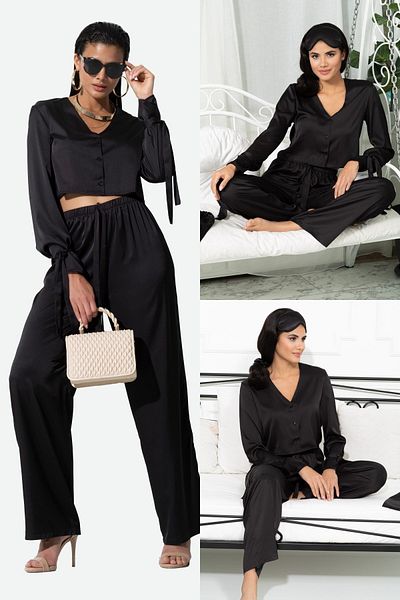 FOR YOU MODA 5-Piece Black Pajama Set with Sleeve Binding Detail Inside and Out