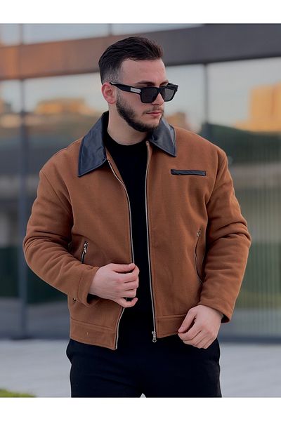 KINGAF Κοντό ανδρικό παλτό με δερμάτινο γιακά