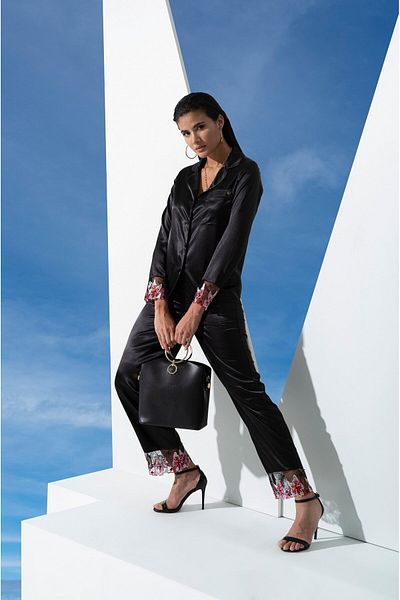 FOR YOU MODA 6-Piece Satin Embroidered Black Pajama Set