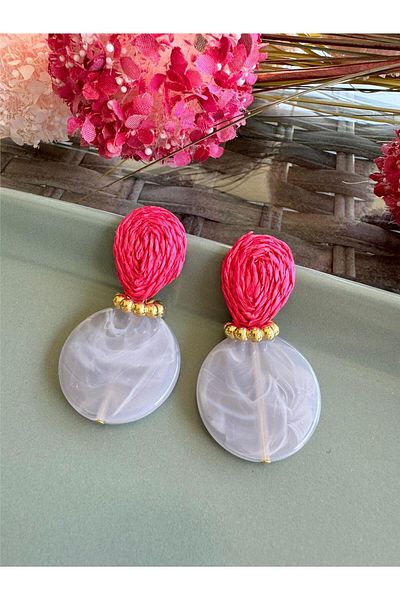 Pelin Aksesuar Fuchsia Drop Straw String Smoked White Circle Design Earrings