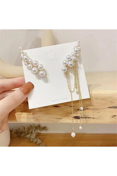Pelin Aksesuar Gold Earrings with Asymmetric Cut Pearls and Chain Dangle