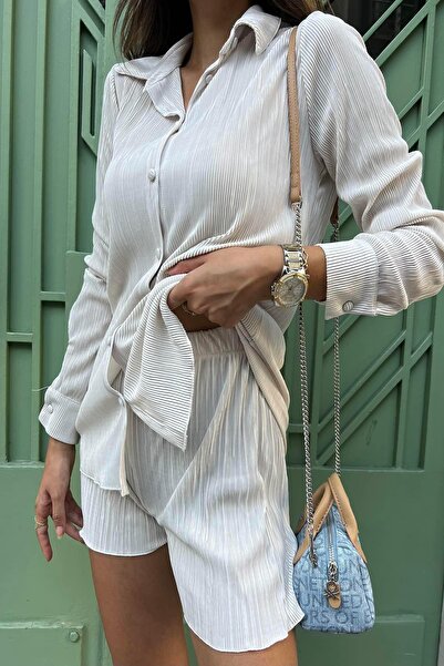 FOR YOU MODA Σετ πέτρινο πουκάμισο 2 τεμαχίων πλισέ