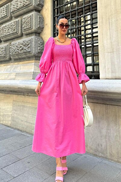 Now Moda Μακρύ φούξια φόρεμα από φυσική βισκόζη