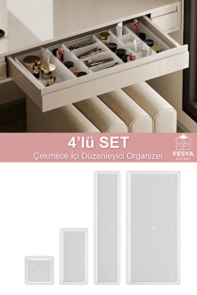 Fesya Home درج اوريغامي شفاف - طقم منظم للمطبخ والمكتب والحمام مكون من 4 قطع K - O - B - XL