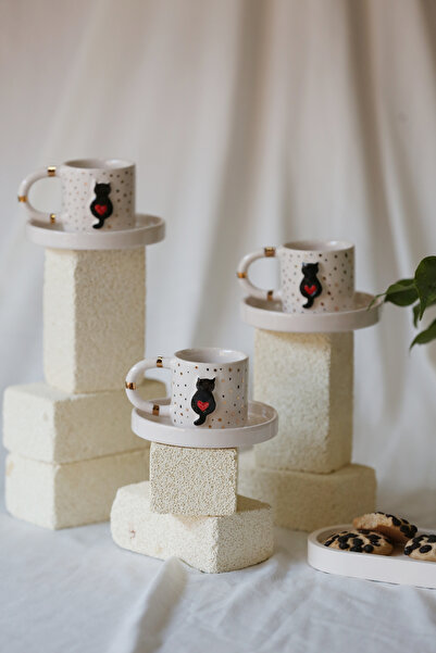 MERVEOKTAYSERAMİK 2'li el yapımı kedili seramik türk kahvesi fincanı