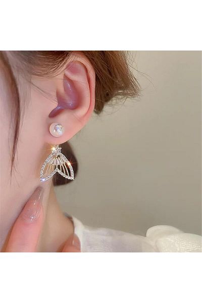 Pelin Aksesuar Ghost Fishtail Earrings with Pearls and Rhinestones