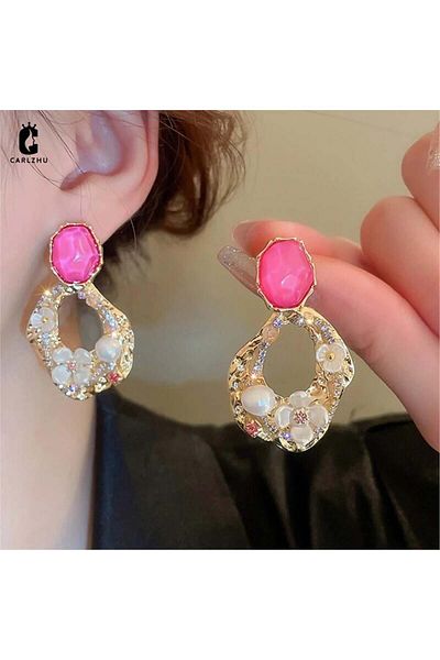 Pelin Aksesuar Pink Flower Earrings with Stone Detail