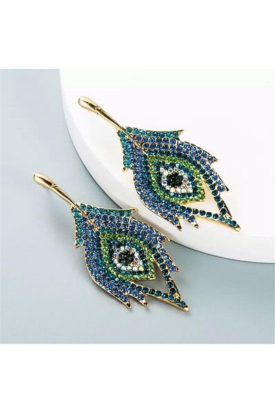 Pelin Aksesuar Blue Large Peacock Feather Earrings