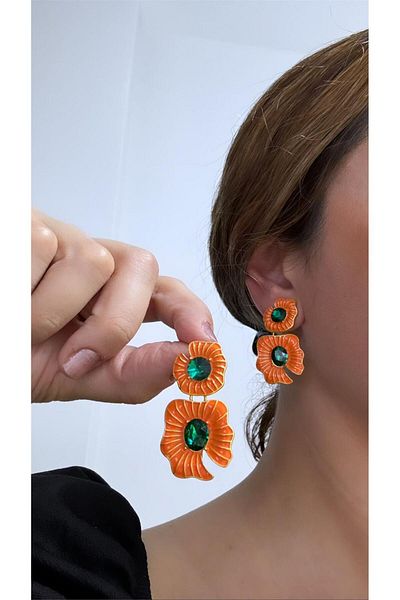 Pelin Aksesuar Orange Green Flower Earrings