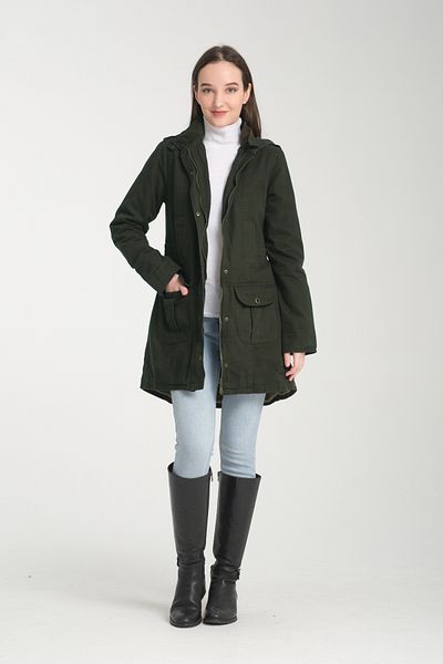 Moda Days Women's Dark Khaki Zippered Hooded Fleece Inside Coat