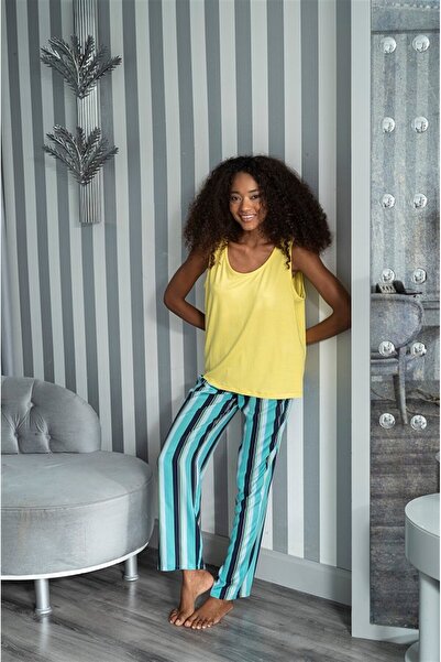 for you sleepwear 2'li Çizgili Viskon Sarı Atlet Pijama Takımı