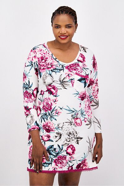 Kathy Ireland Women Plus Size Floral Print Sleepwear Dress, White