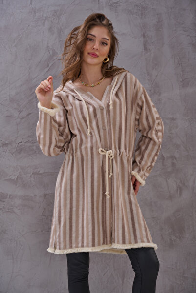 SHUGAA KADIN BELİ BAĞLAMALI  KAPÜŞON DETAYLI KETEN KUMAŞ TRENÇKOT