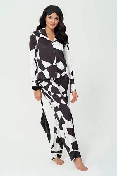 for you sleepwear 6-Piece Asymmetrical Black and White Satin Pajama Set
