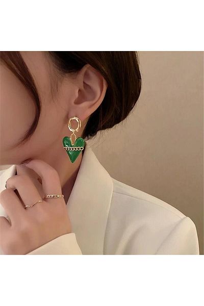 Pelin Aksesuar Green Chain Pattern - Heart Earring Design
